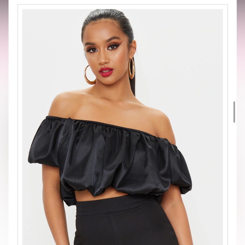 Black satin off shoulder blouse